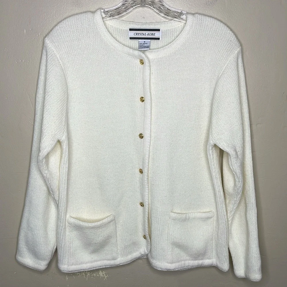 VINTAGE Crystal-Kobe Cardigan Sweater Cream Gold Decorative Buttons Classic Sm